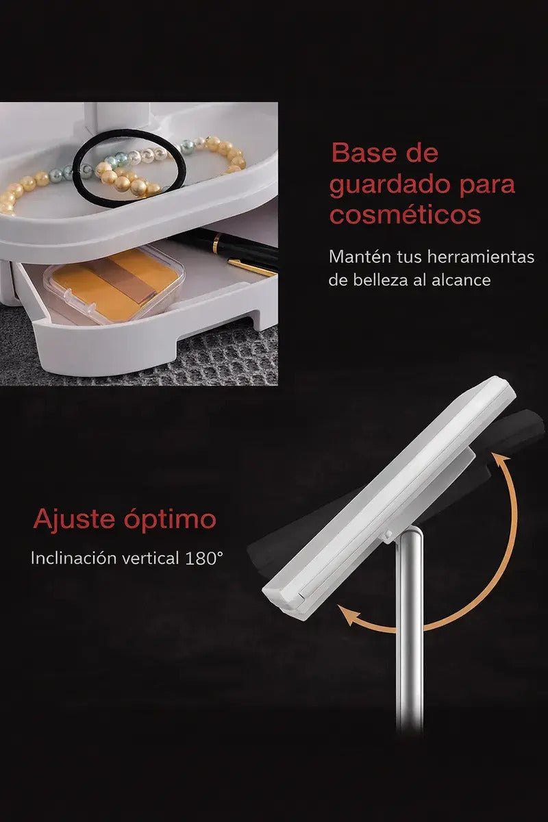 Espejo Tríptico LED USB para Maquillaje – 3 Tipos de Luz, Plegable y Portátil
