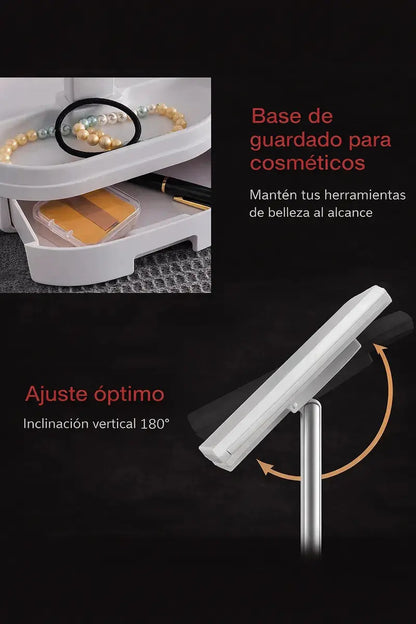Espejo Tríptico LED USB para Maquillaje – 3 Tipos de Luz, Plegable y Portátil