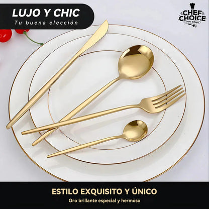 Set de Cubiertos 24 Piezas Acero Inoxidable Dorado – 6 Personas, Apto Lavavajillas