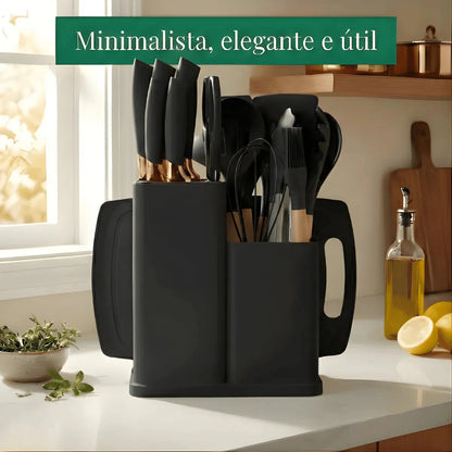 Kit de Utensilios de Cocina Silicona 19 Piezas – Mango Madera, No Raya Antiadherente