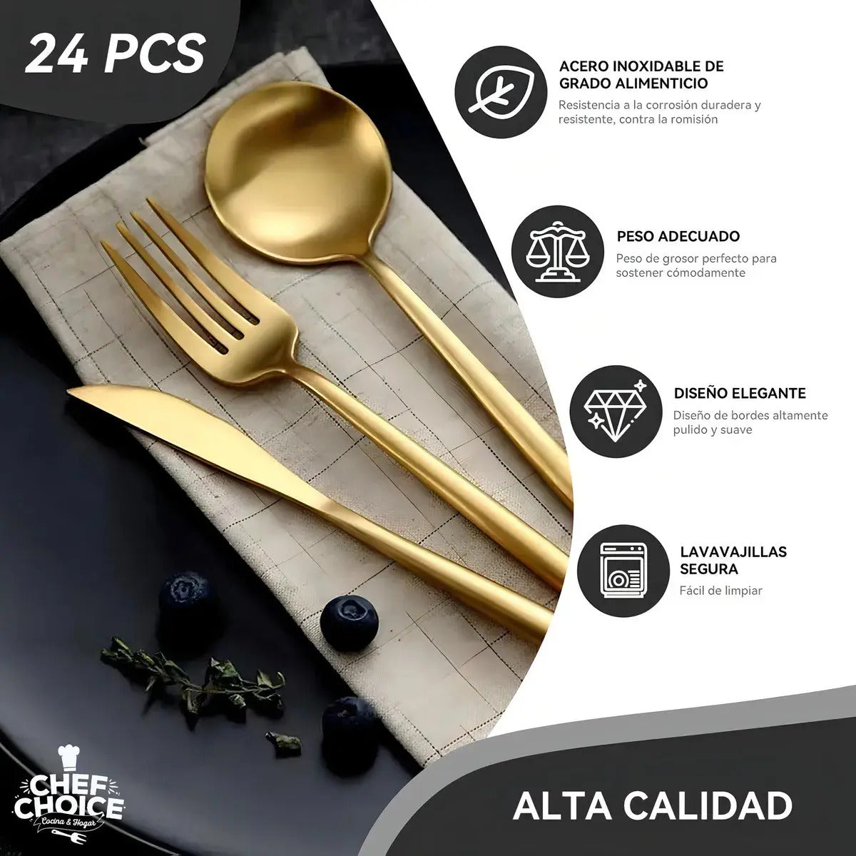 Set de Cubiertos 24 Piezas Acero Inoxidable Dorado – 6 Personas, Apto Lavavajillas