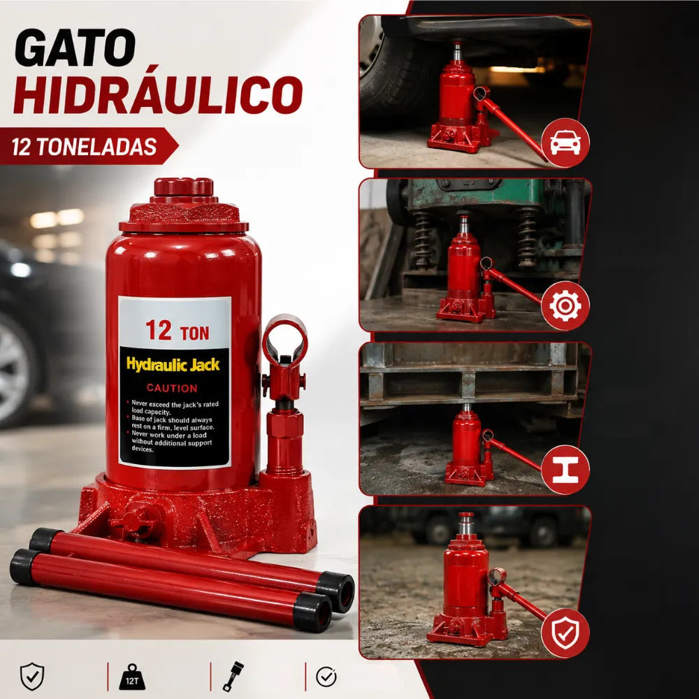 Gata Hidráulica Tipo Botella 12 Ton | Válvula Seguridad 46.5cm