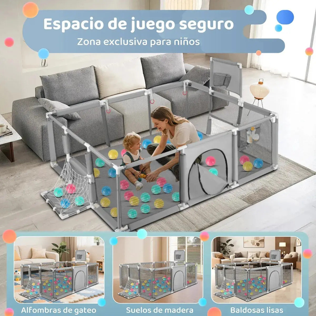 Corral de Juego para Bebés 180 cm con Aro de Basket | Plegable y Seguro