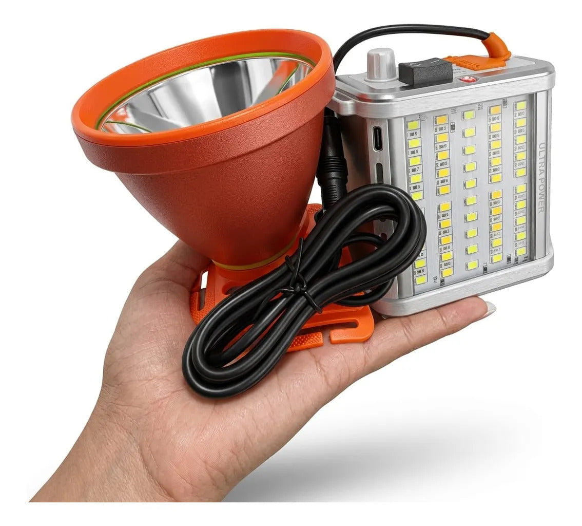 Linterna Minera LED 800W Largo Alcance – +300m, 12h Batería Litio, USB, Caza y Camping