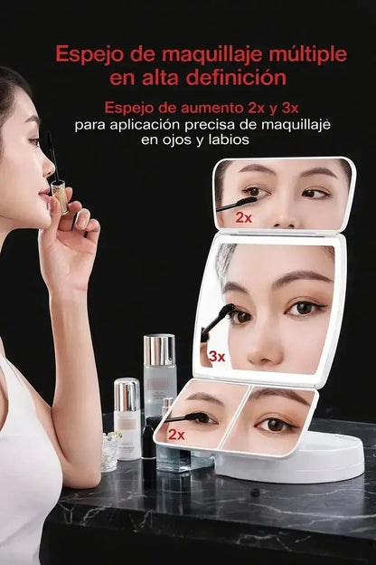 Espejo Tríptico LED USB para Maquillaje – 3 Tipos de Luz, Plegable y Portátil