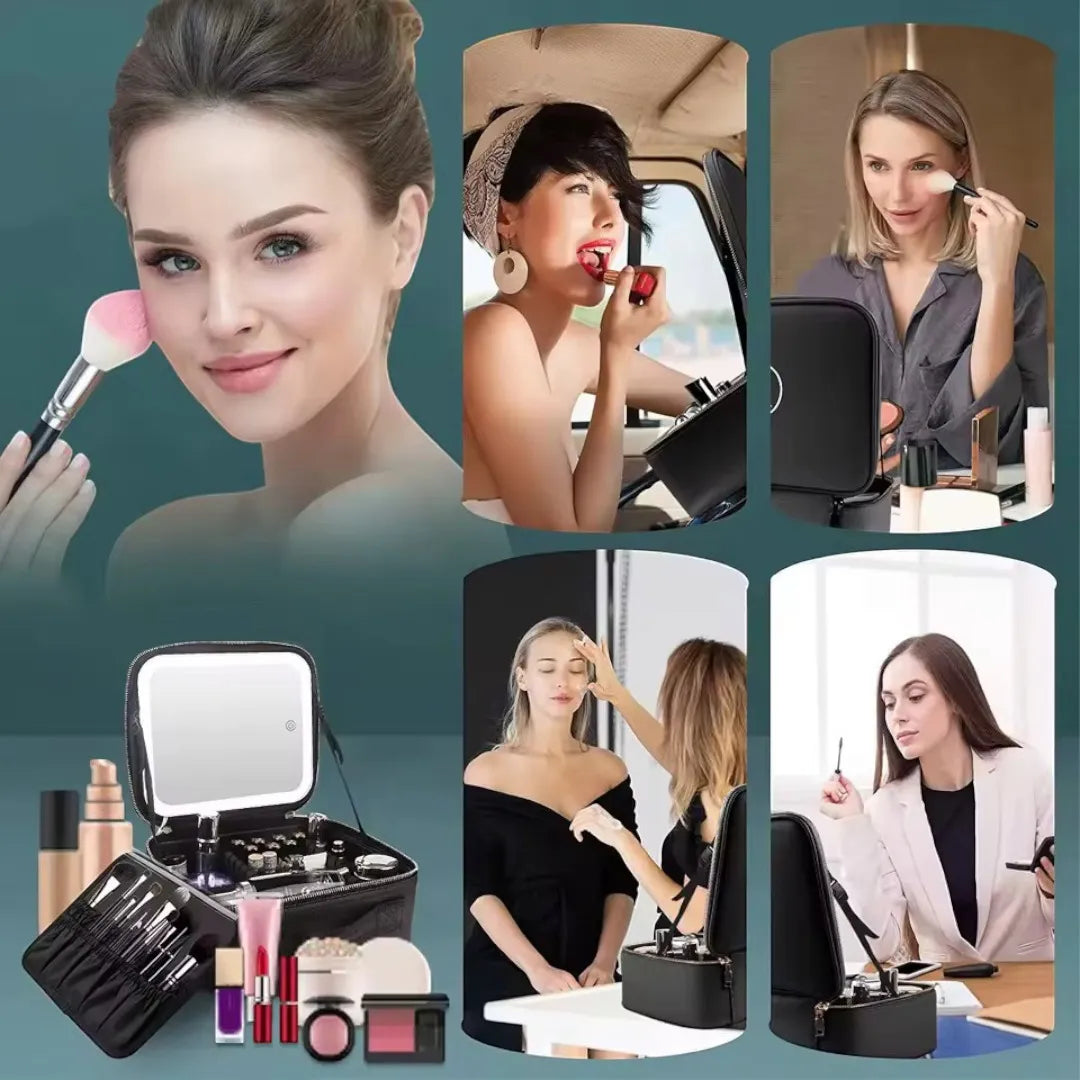 Estuche Organizador de Maquillaje con Espejo LED Recargable y Brochas