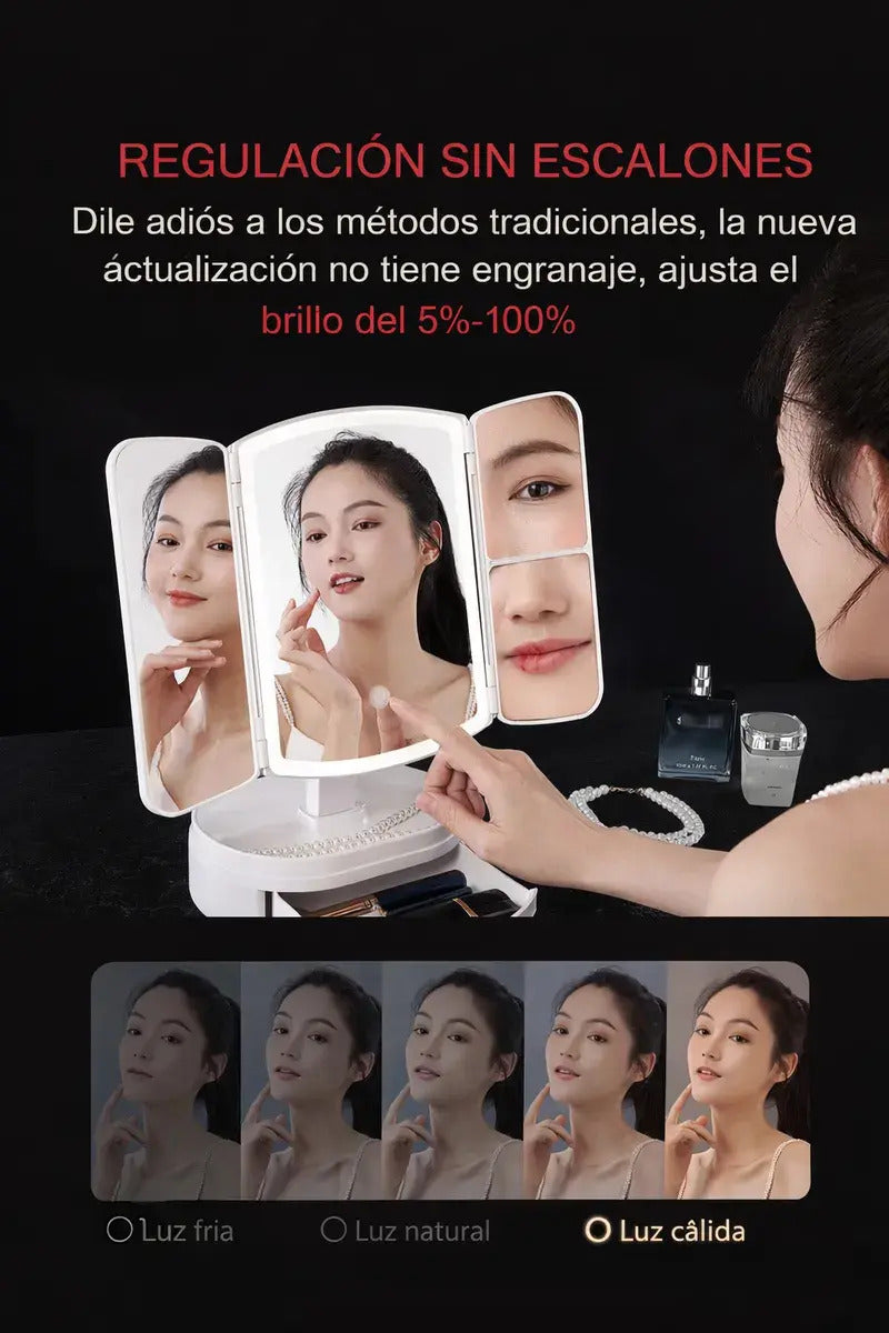 Espejo Tríptico LED USB para Maquillaje – 3 Tipos de Luz, Plegable y Portátil