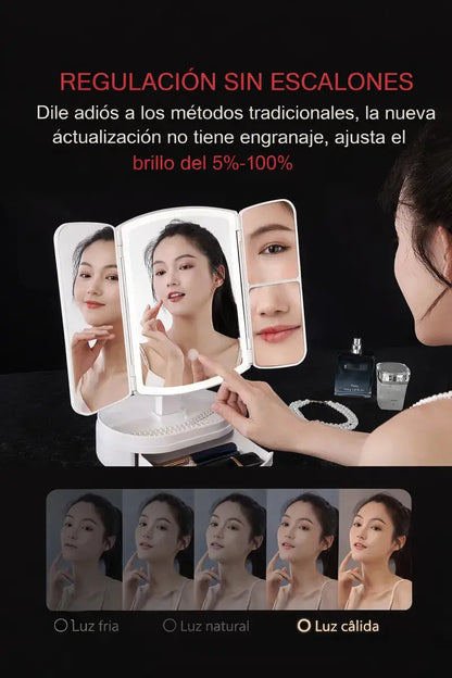 Espejo Tríptico LED USB para Maquillaje – 3 Tipos de Luz, Plegable y Portátil