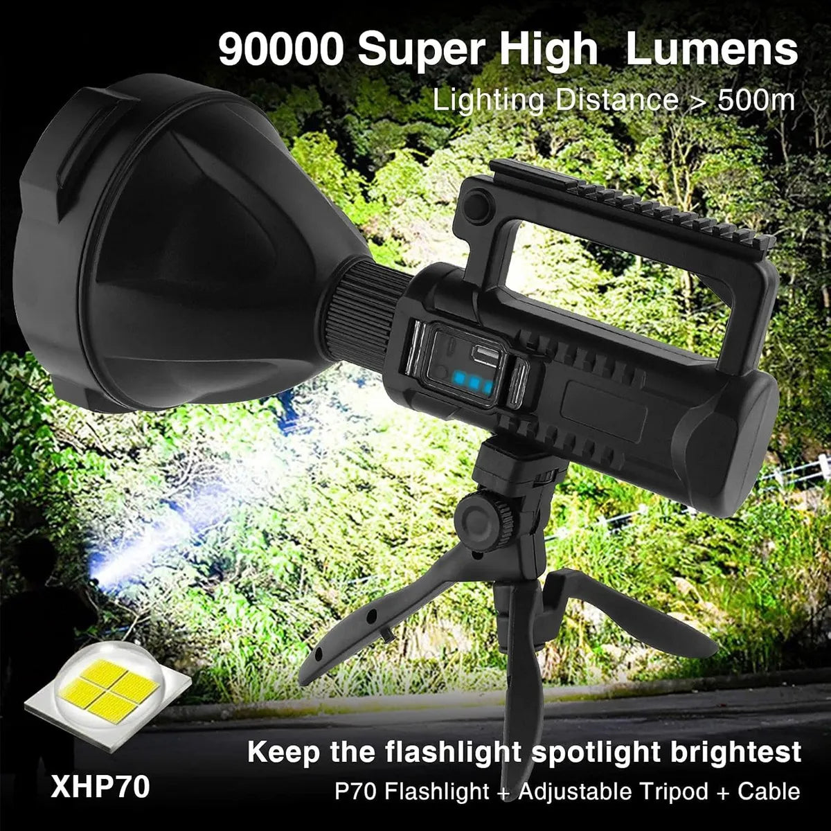 Linterna LED P70 8800 Lúmenes con Trípode y Power Bank – Alcance 2200m
