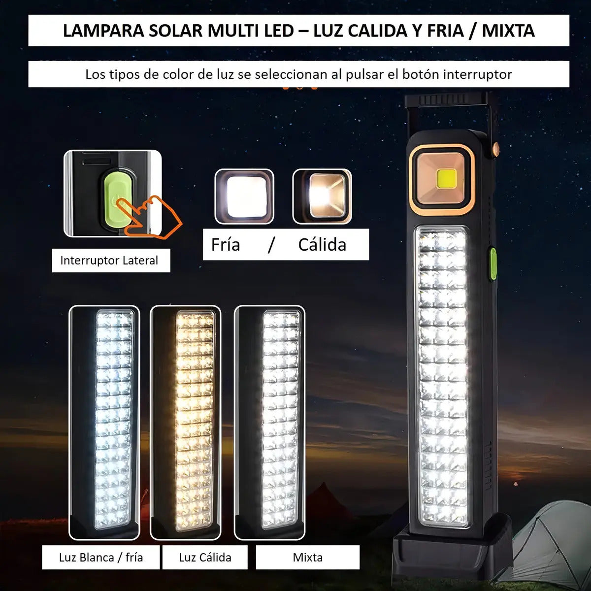 Lámpara LED Solar de Emergencia 48 LED + COB – Recargable 3600mAh, Encendido Automático