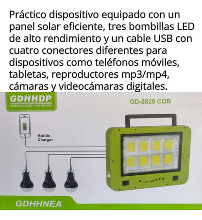 Lámpara Solar de Emergencia | 3 LED | Batería 7200mAh | Carga USB