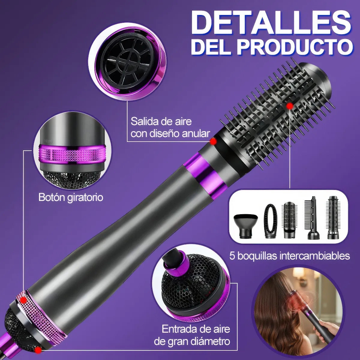 Cepillo Secador Eléctrico 5 en 1 Iones Negativos 1000W
