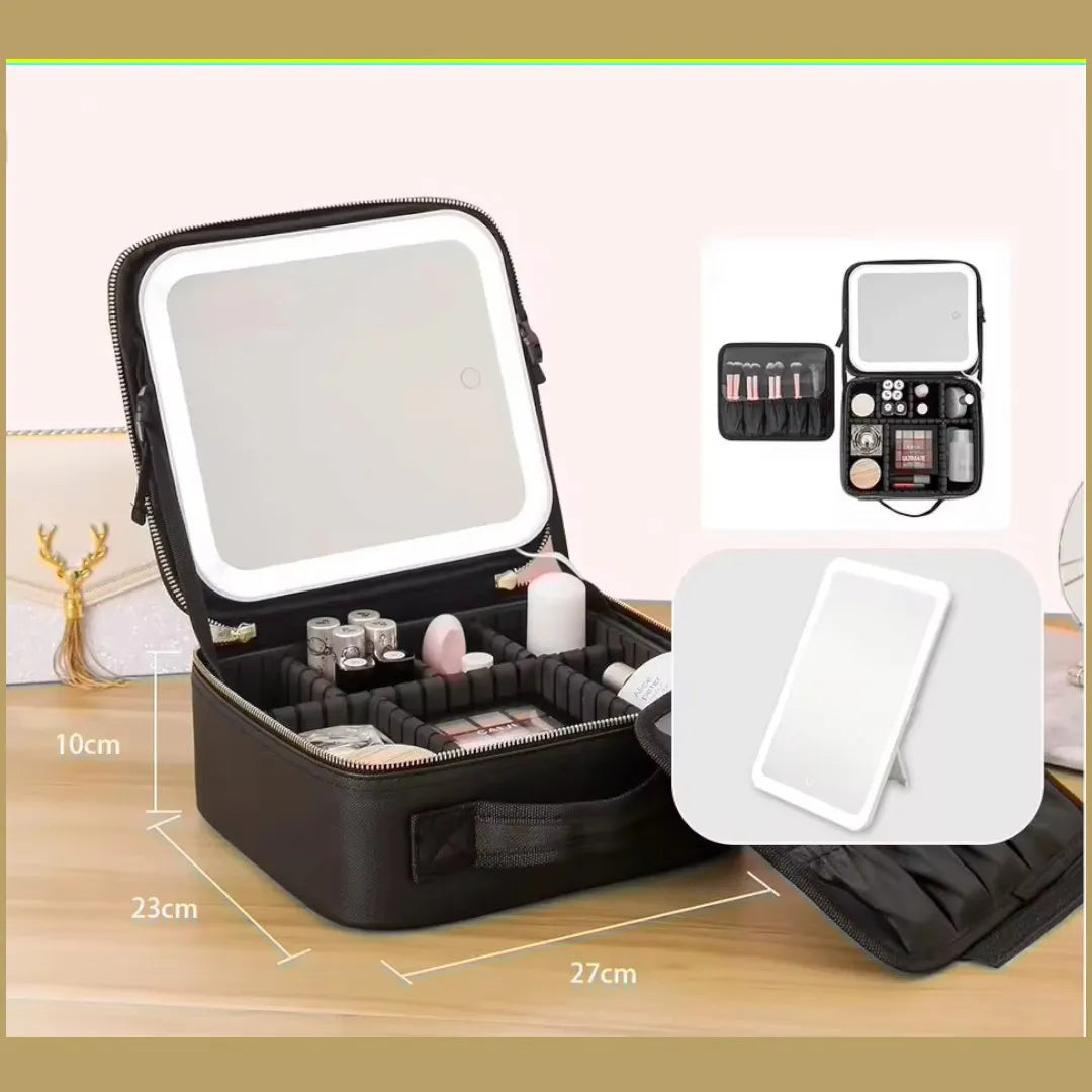 Estuche Organizador de Maquillaje con Espejo LED Recargable y Brochas