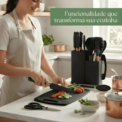 Kit de Utensilios de Cocina Silicona 19 Piezas – Mango Madera, No Raya Antiadherente