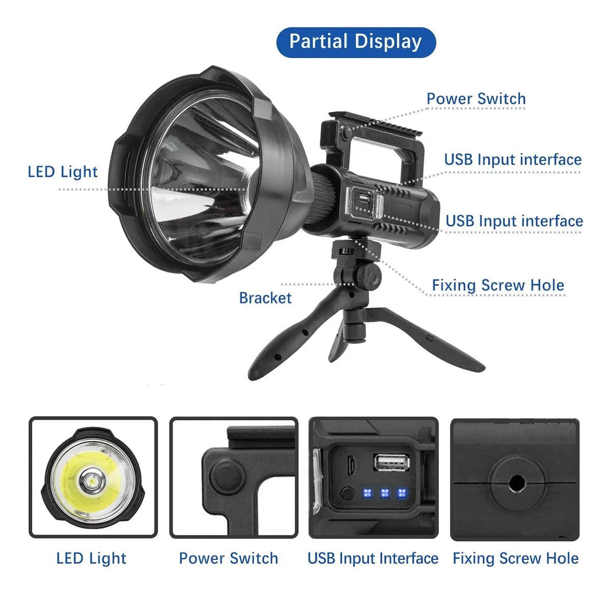 Linterna LED P70 8800 Lúmenes con Trípode y Power Bank – Alcance 2200m