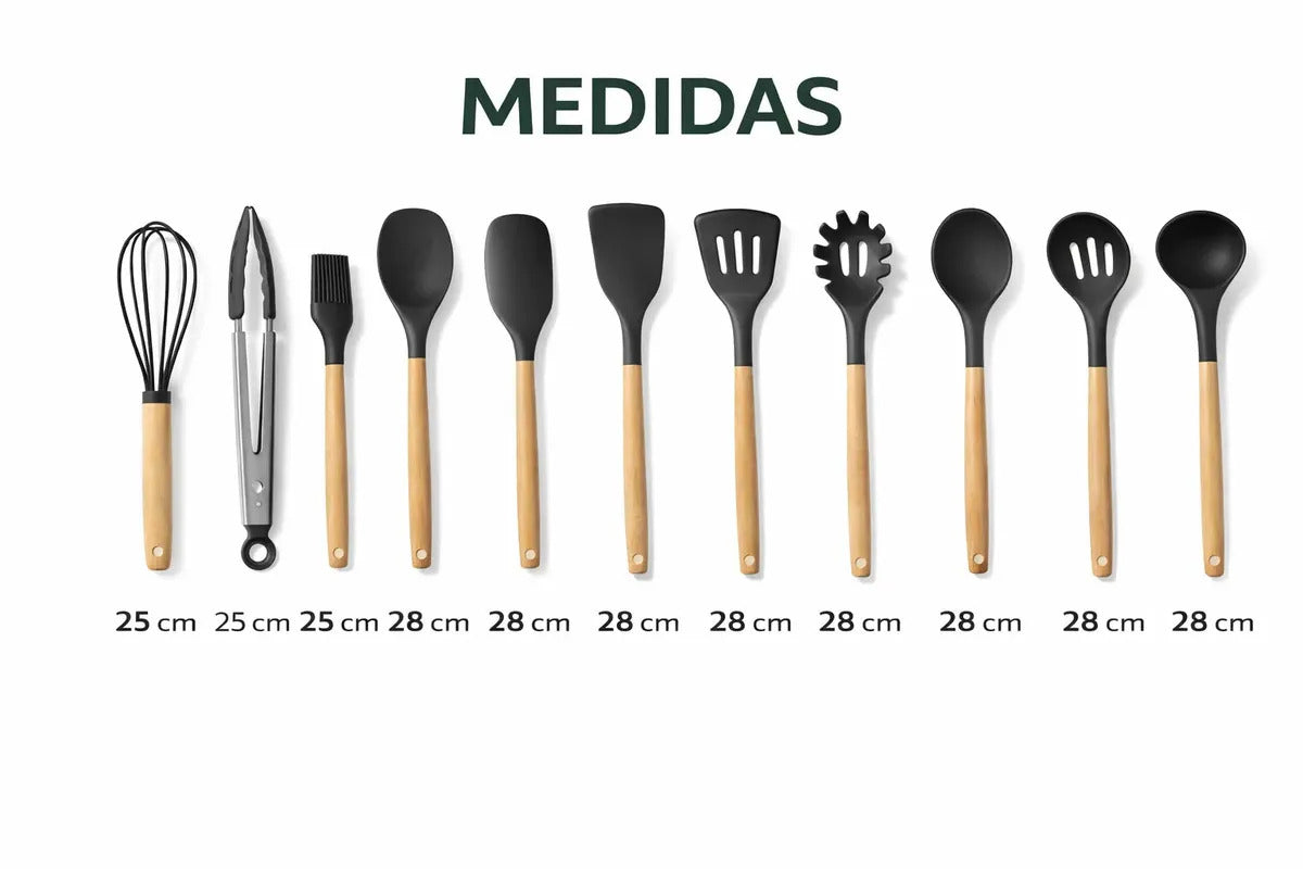 Kit de Utensilios de Cocina Silicona 19 Piezas – Mango Madera, No Raya Antiadherente