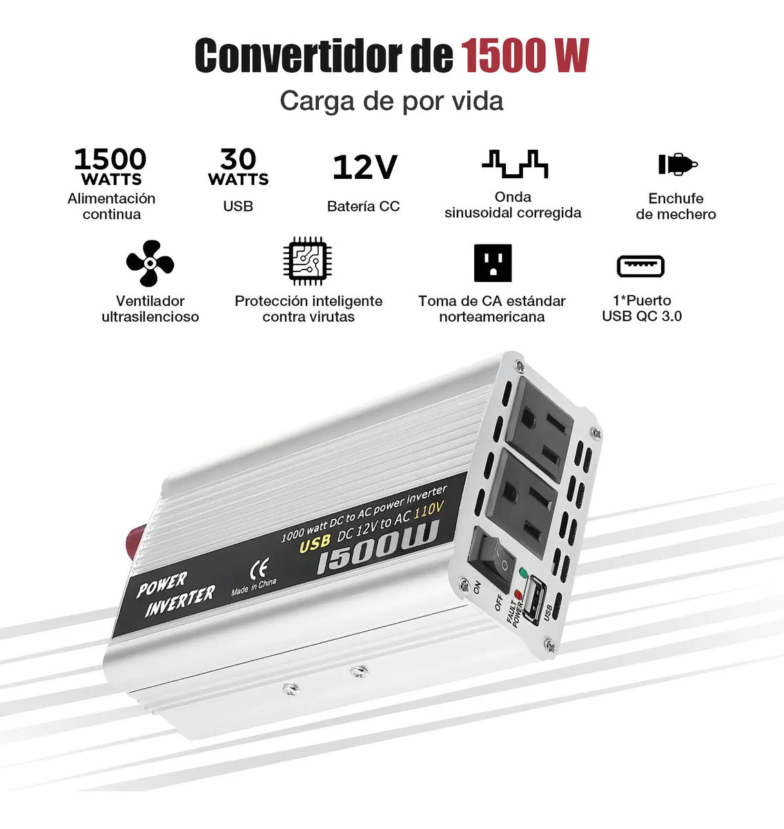 Inversor de Corriente para Auto 1500W 12V a 110V – Onda Modificada