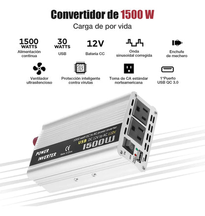 Inversor de Corriente para Auto 1500W 12V a 110V – Onda Modificada
