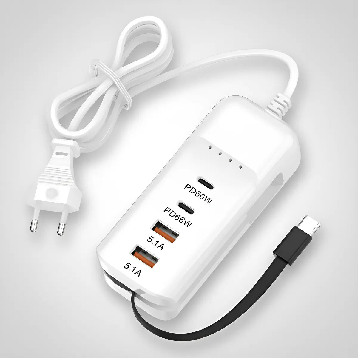 Cargador 140W 4 Puertos USB-C y USB-A Carga Rápida Android iOS