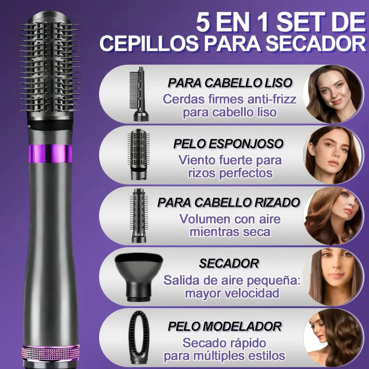 Cepillo Secador Eléctrico 5 en 1 Iones Negativos 1000W