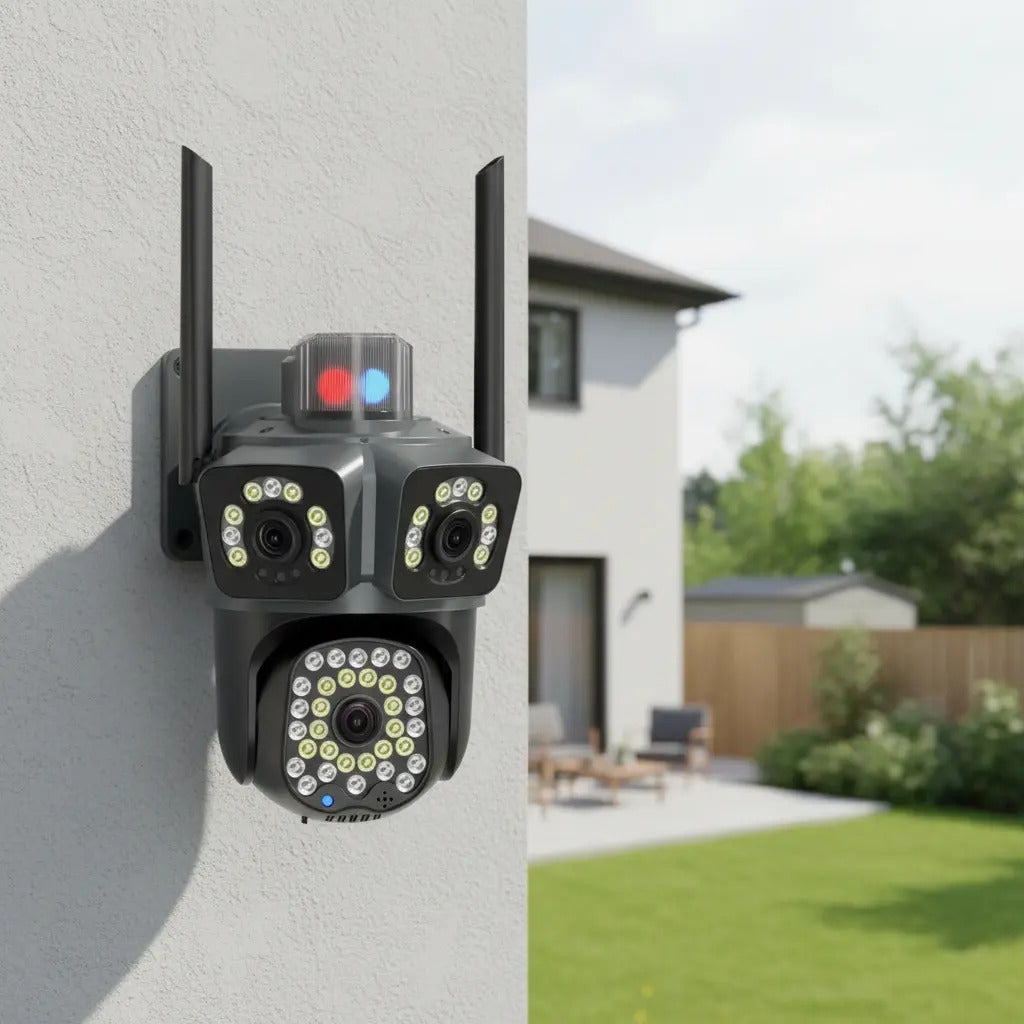 Cámara WiFi Triple Lente PTZ 2MP Exterior Visión Nocturna