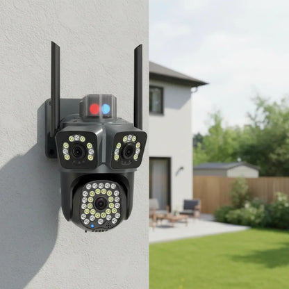 Cámara WiFi Triple Lente PTZ 2MP Exterior Visión Nocturna