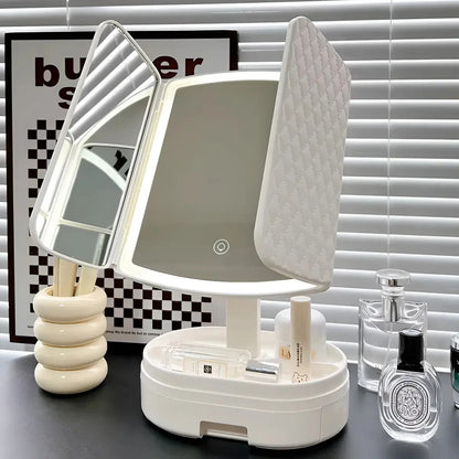 Espejo Tríptico LED USB para Maquillaje – 3 Tipos de Luz, Plegable y Portátil