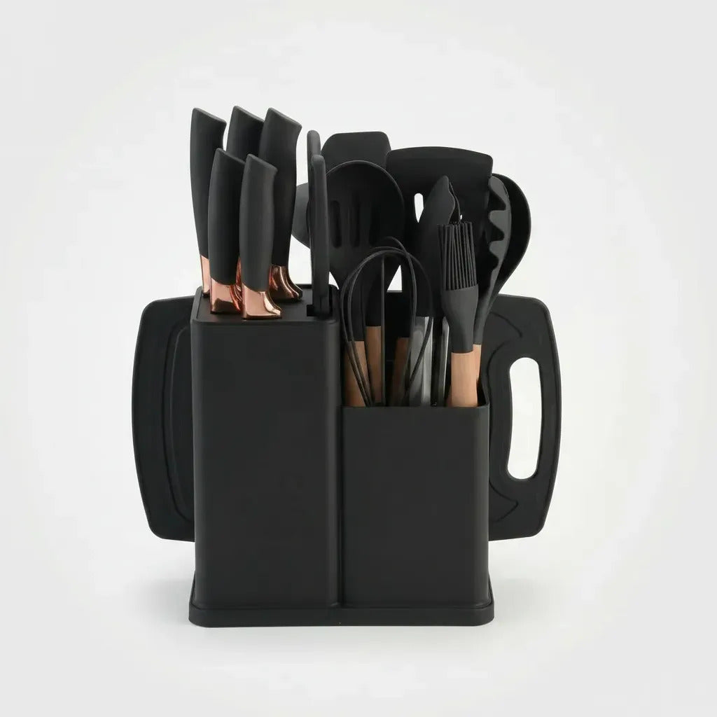Kit de Utensilios de Cocina Silicona 19 Piezas – Mango Madera, No Raya Antiadherente