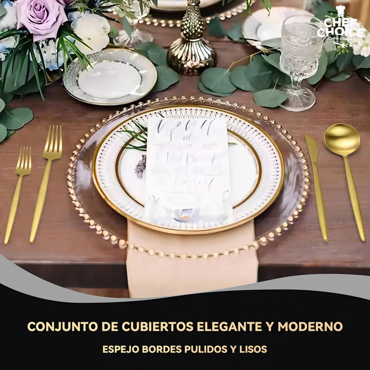 Set de Cubiertos 24 Piezas Acero Inoxidable Dorado – 6 Personas, Apto Lavavajillas
