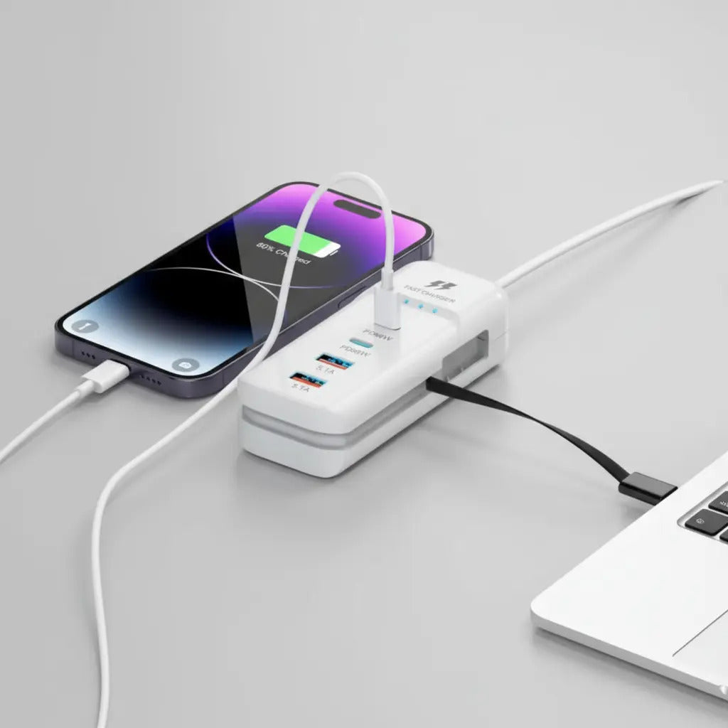 Cargador 140W 4 Puertos USB-C y USB-A Carga Rápida Android iOS