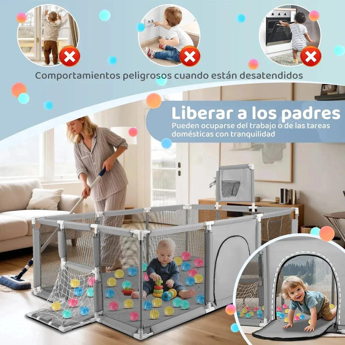 Corral de Juego para Bebés 180 cm con Aro de Basket | Plegable y Seguro