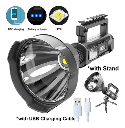 Linterna LED P70 8800 Lúmenes con Trípode y Power Bank – Alcance 2200m