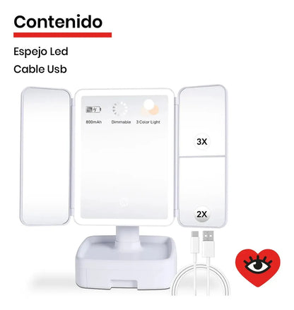 Espejo Tríptico LED USB para Maquillaje – 3 Tipos de Luz, Plegable y Portátil