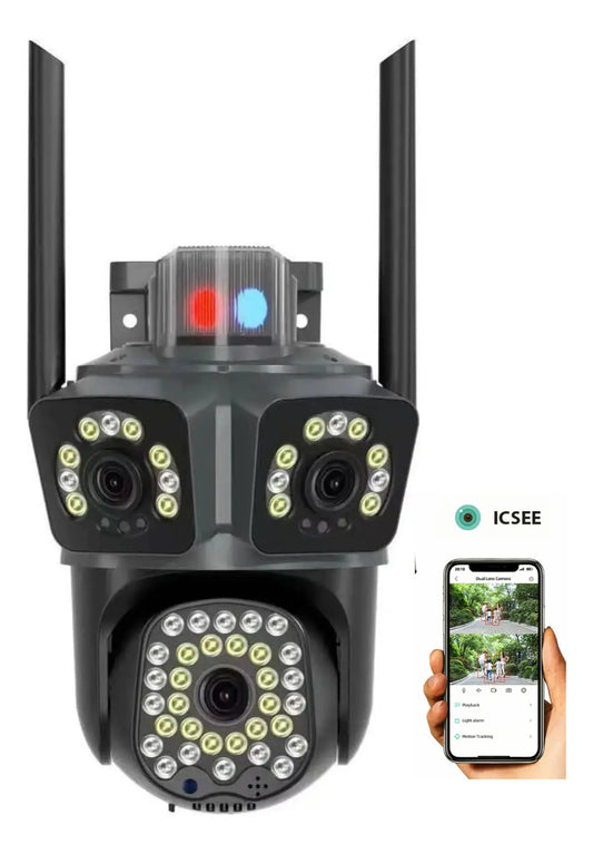 Cámara WiFi Triple Lente PTZ 2MP Exterior Visión Nocturna