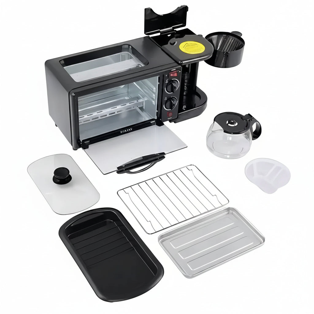 Estación de Desayuno 3 en 1 | Horno, Sartén y Cafetera 600ml