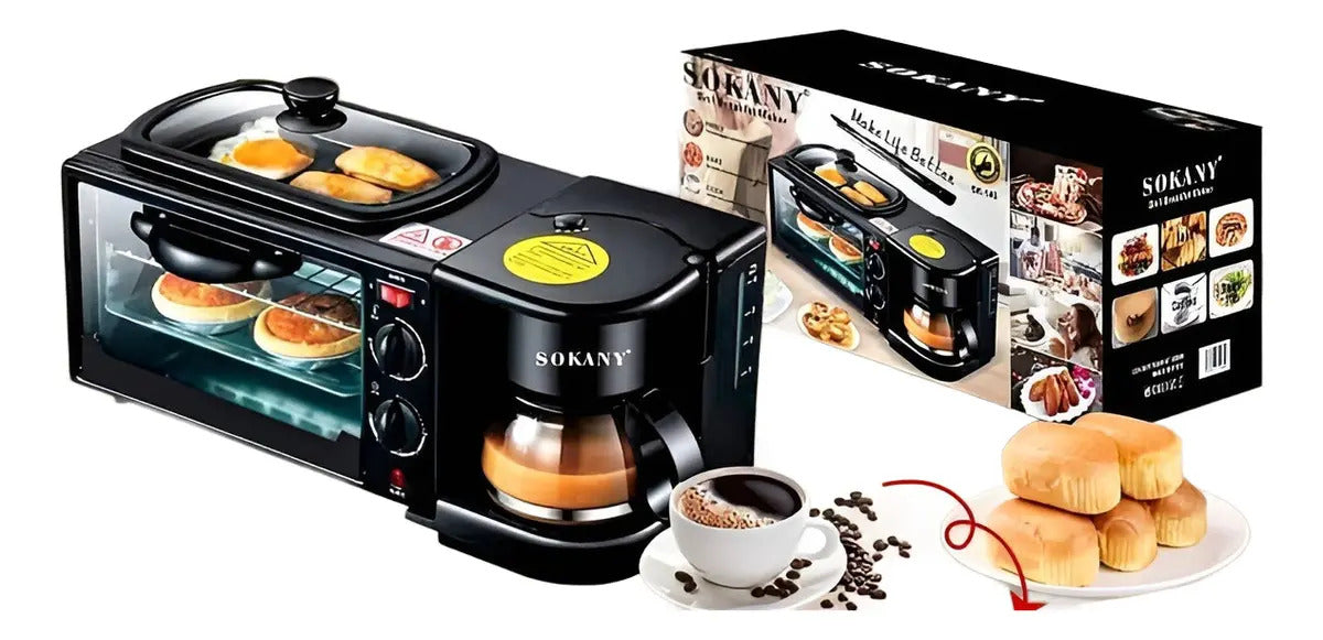 Estación de Desayuno 3 en 1 | Horno, Sartén y Cafetera 600ml