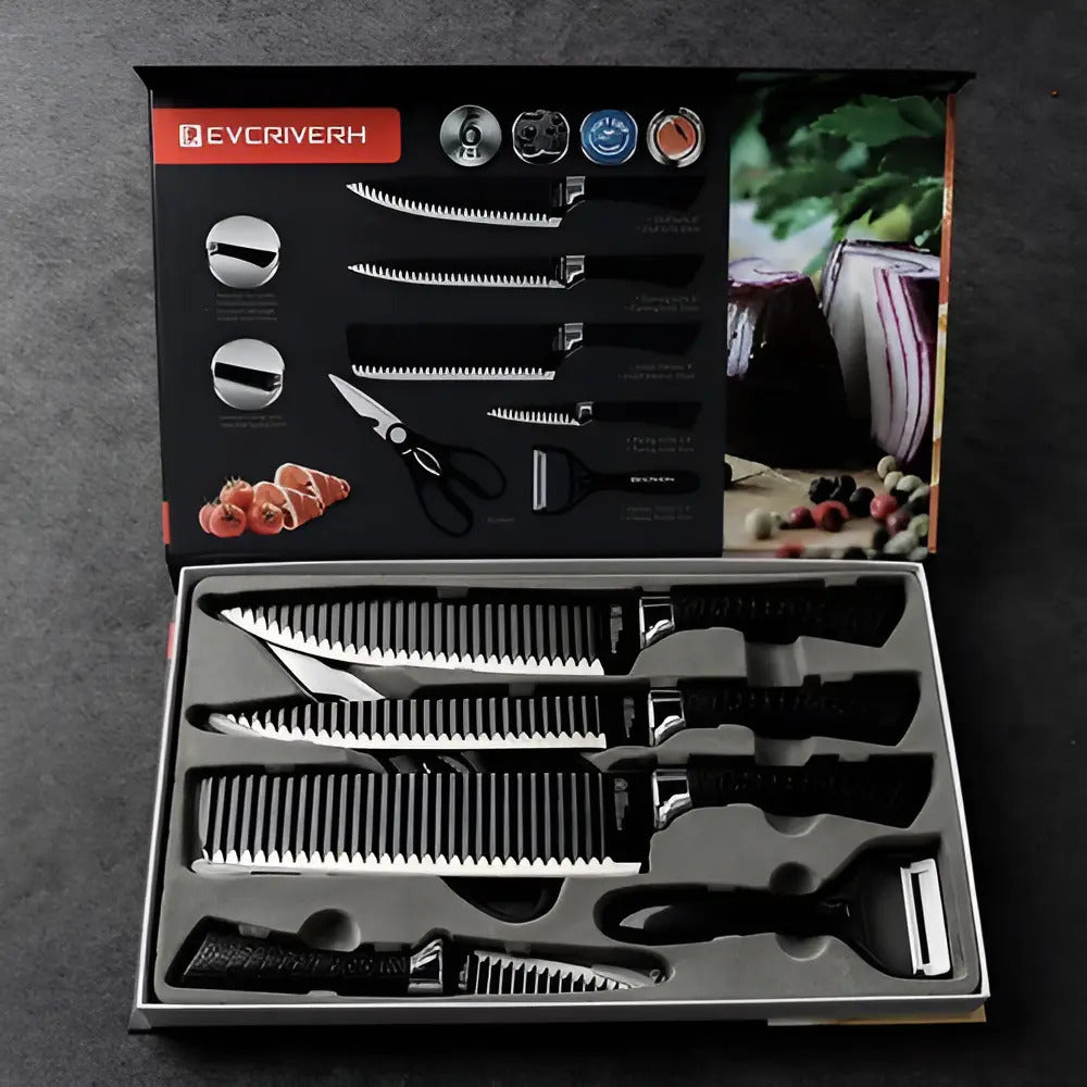 Set de 6 Cuchillos de Cocina en Acero Inoxidable con Mango Negro
