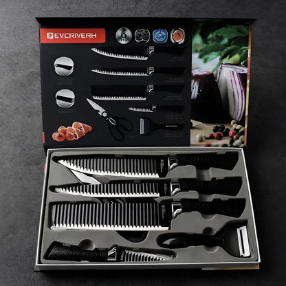 Set de 6 Cuchillos de Cocina en Acero Inoxidable con Mango Negro