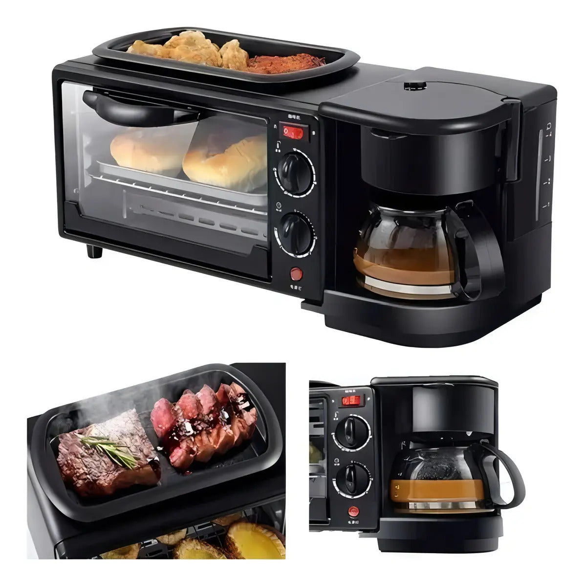 Estación de Desayuno 3 en 1 | Horno, Sartén y Cafetera 600ml
