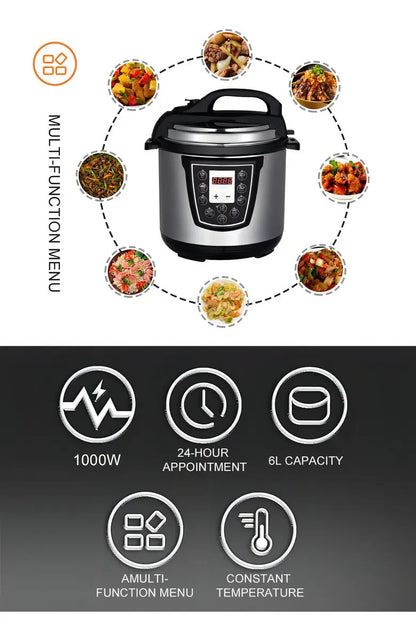 Olla a Presión Eléctrica 6L 1000W | Multifunción Digital RAF R-177 Plateada