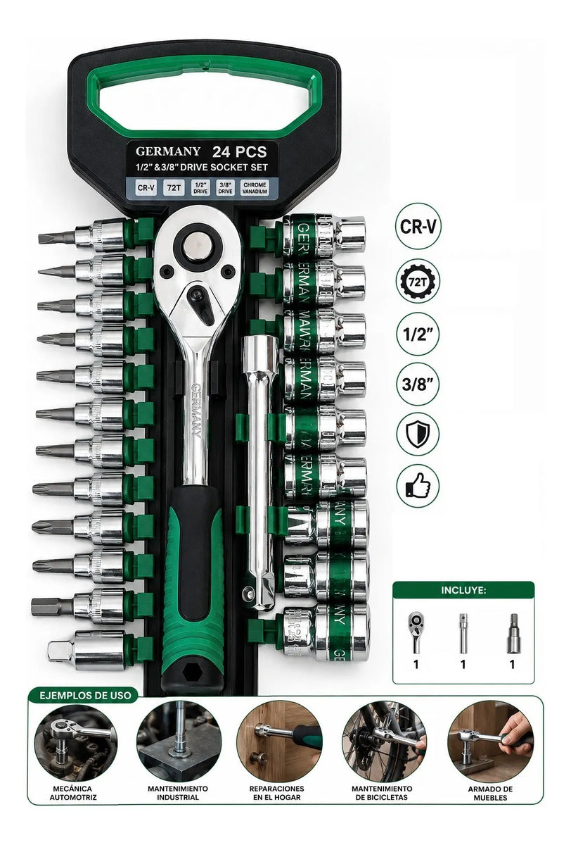 Juego de Dados y Chicharra 1/2″ y 3/8″ de 24 Piezas