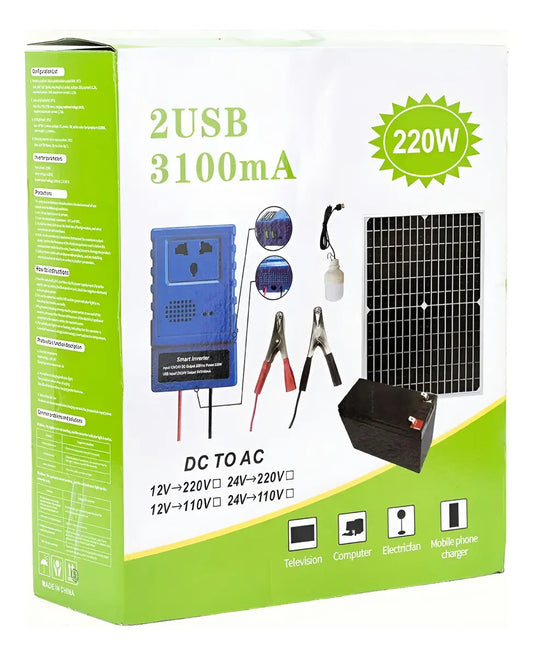 Kit Solar Portátil 3100ma – Panel + Batería + Inversor 220W + Ampolleta LED | Emergencias y Camping