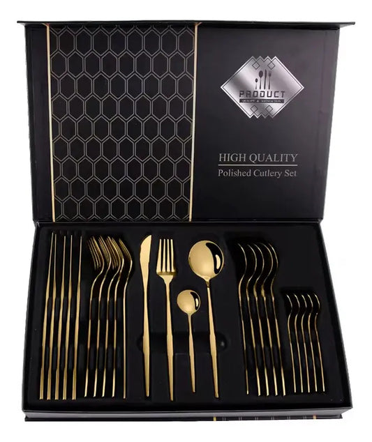 Set de Cubiertos 24 Piezas Acero Inoxidable Dorado – 6 Personas, Apto Lavavajillas