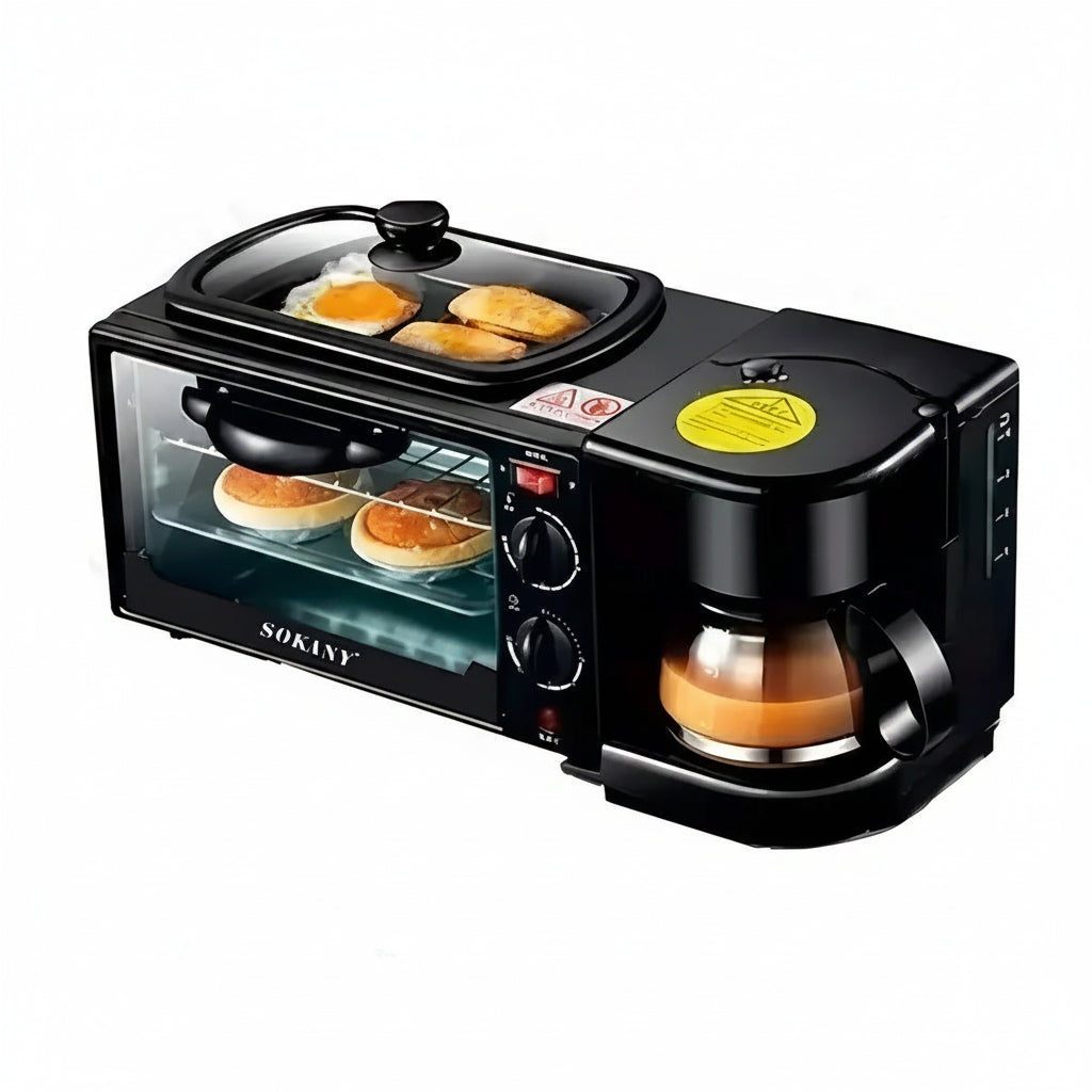 Estación de Desayuno 3 en 1 | Horno, Sartén y Cafetera 600ml