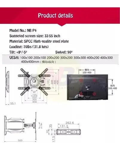 Base Soporte Tv Pared Brazo Ajustable 32 A 55 Pulgadas