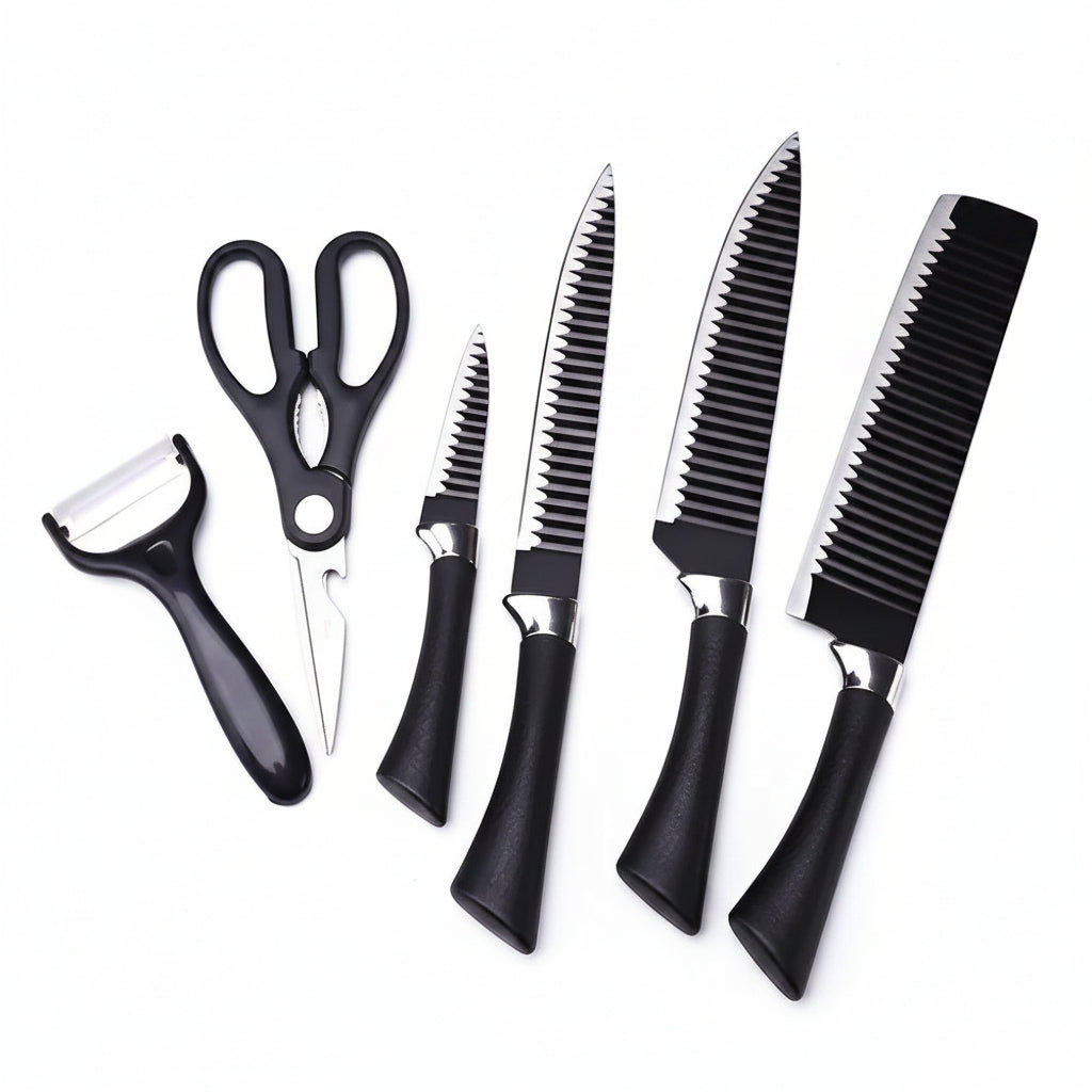 Set de 6 Cuchillos de Cocina en Acero Inoxidable con Mango Negro