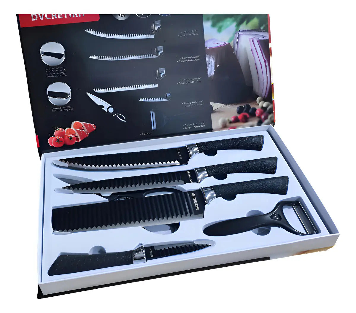 Set de 6 Cuchillos de Cocina en Acero Inoxidable con Mango Negro