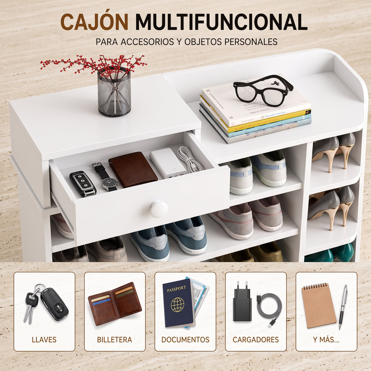 Zapatero Organizador Madera 8 Niveles con Cajón 100x24x106 cm