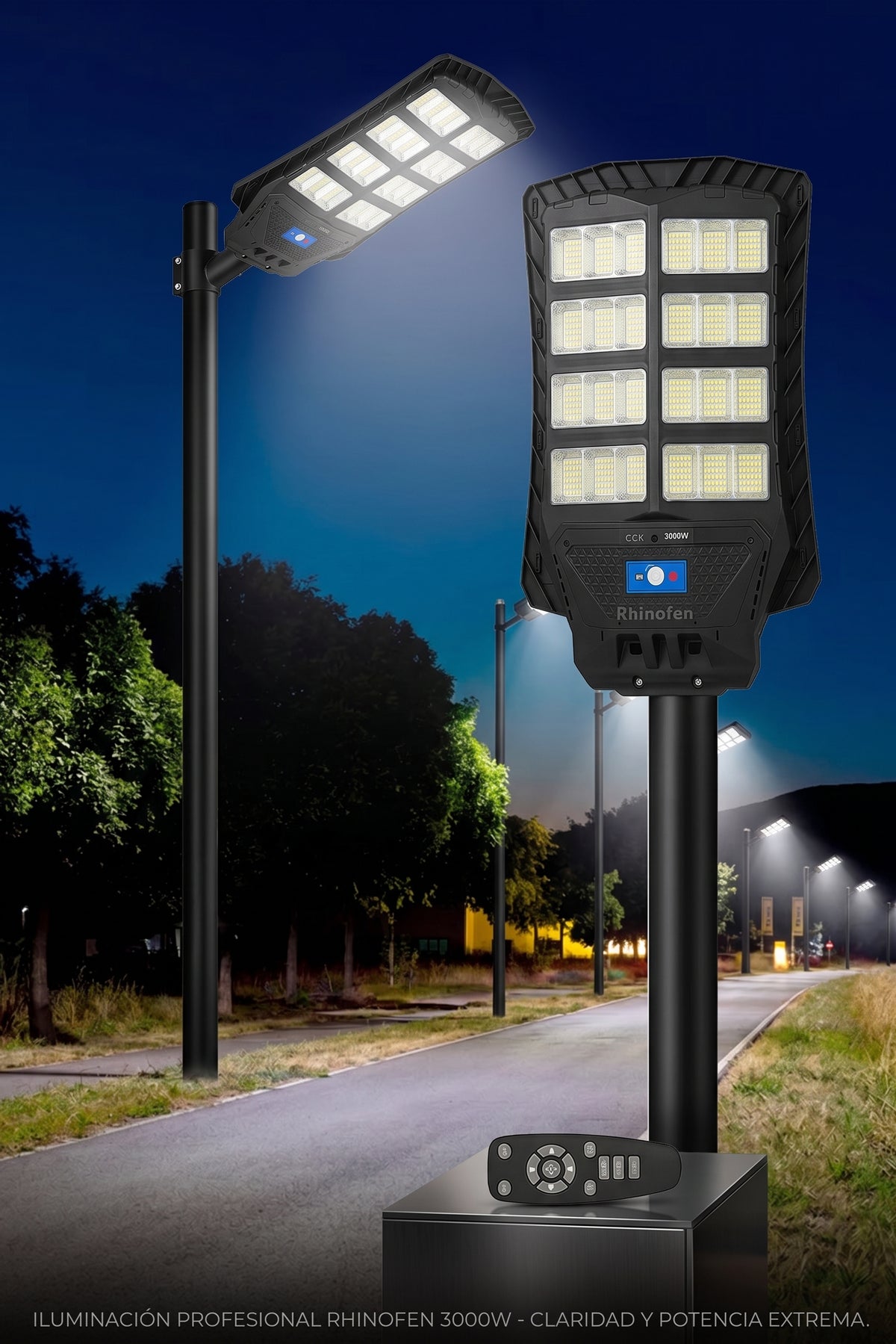 Foco LED Solar 2000W para Poste con Control Remoto y Kit de Anclaje
