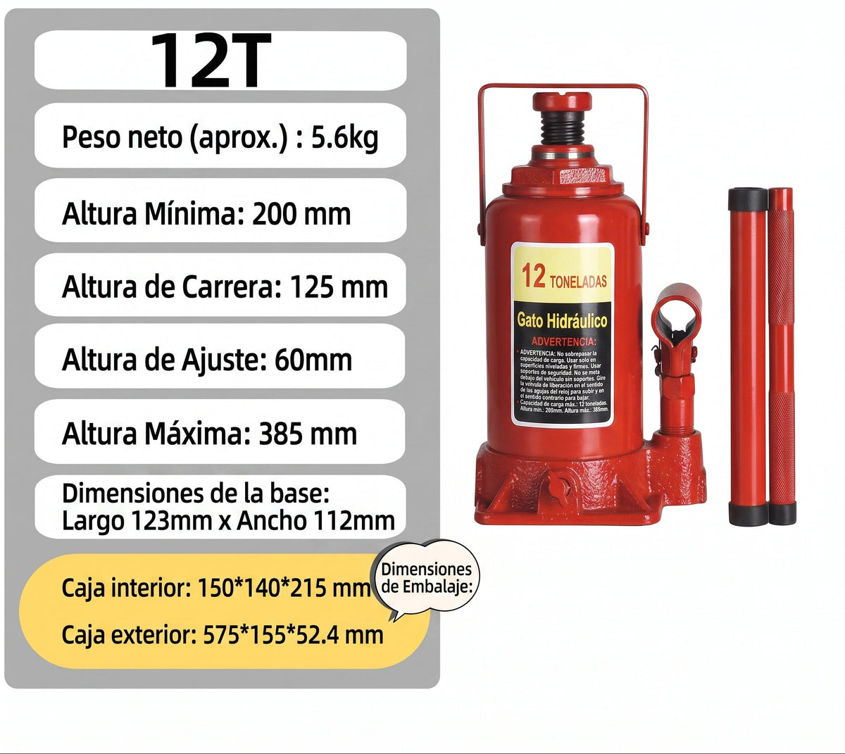 Gata Hidráulica Tipo Botella 12 Ton | Válvula Seguridad 46.5cm